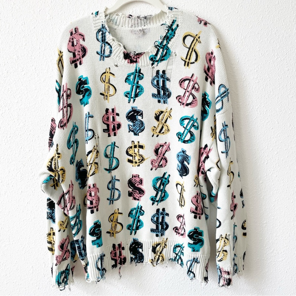 R13 Dollar Sign Oversized Sweater Size Large Distressed Colorful Cotton